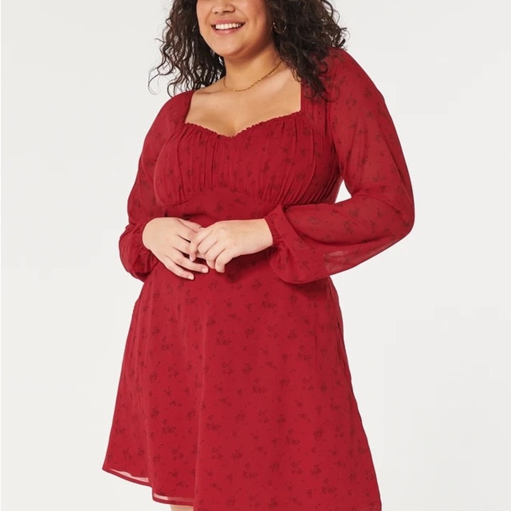 NWT ❤️ Hollister Red Square-Neck Long Sleeve Babydoll Dress
